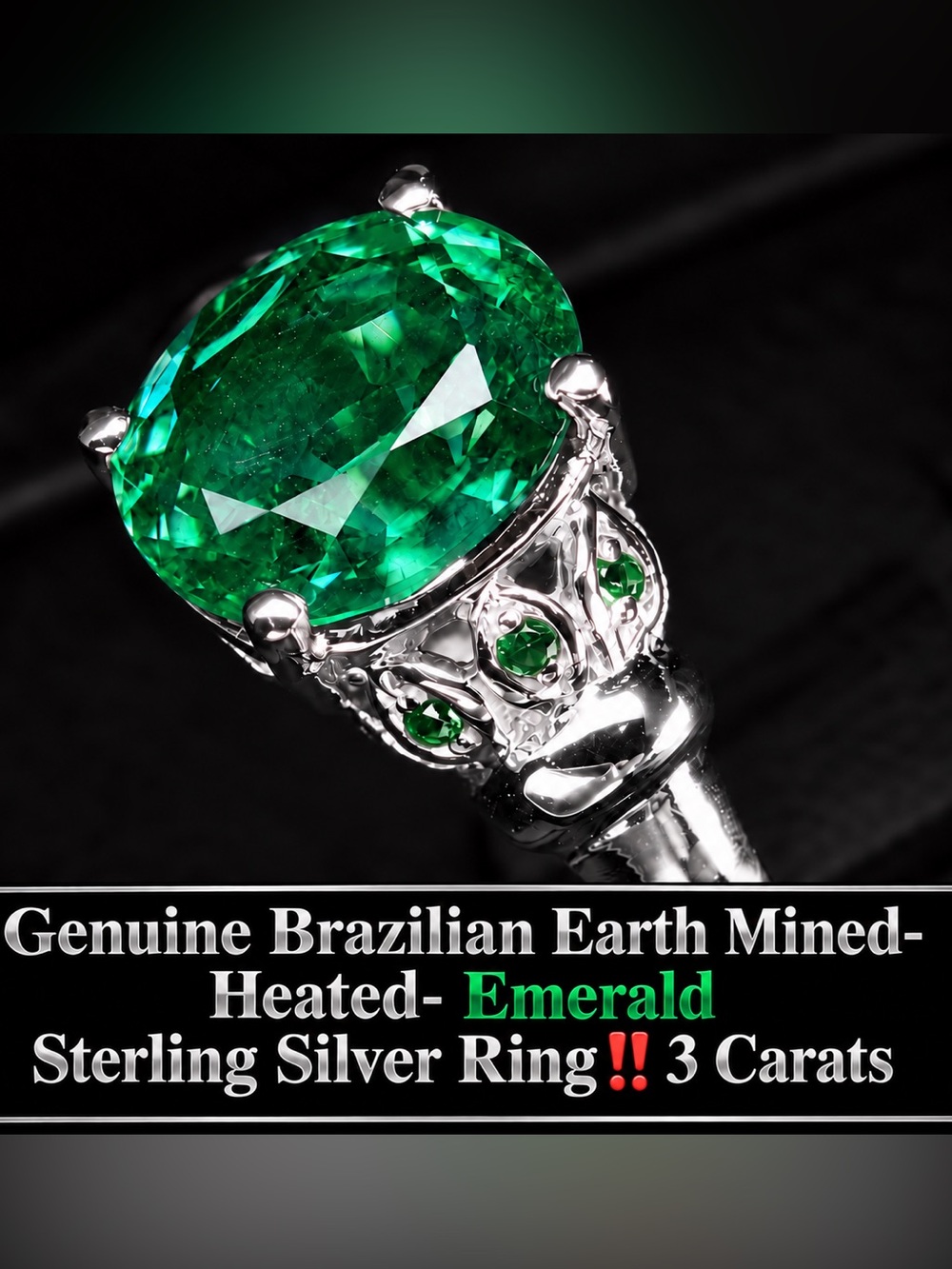 Emerald Sterling Silver Ring. Size 6.75 or 7.     3.01 -carats Brazilian